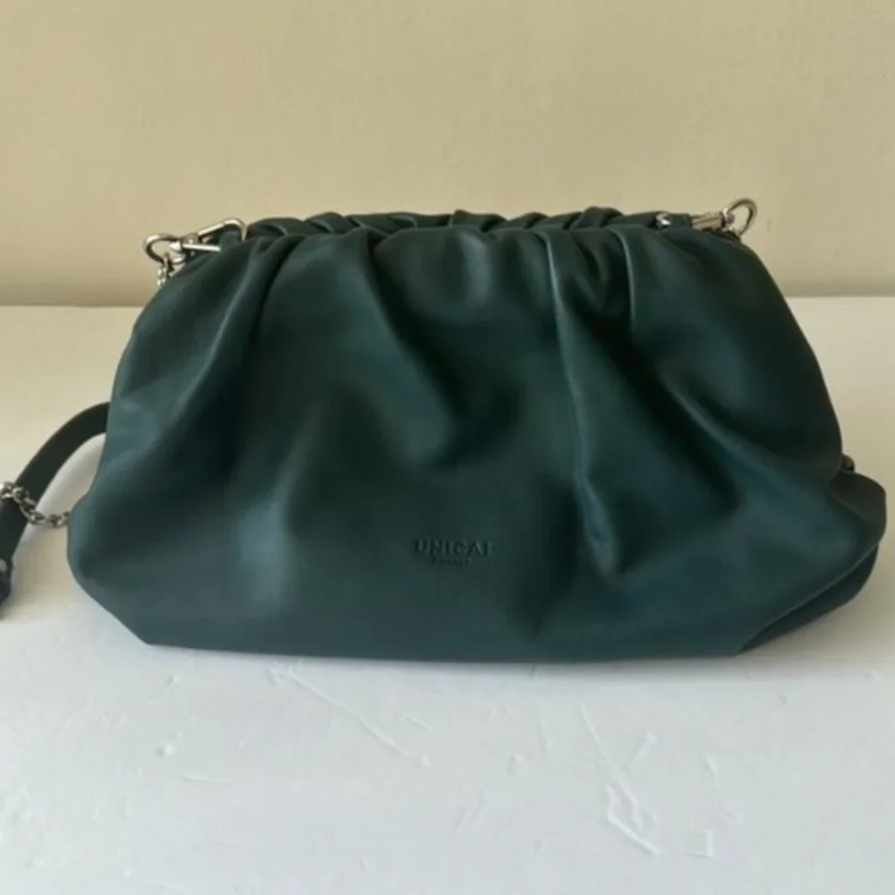 Unica! Firenze Leather Blue Teal Crossbody Convertible Pleated Handbag Clutch